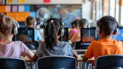 Virtual classroom with students participating in online lessons and digital collaboration