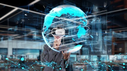 Businesswoman taking up circle finance data dynamic world monitor by VR future global market...