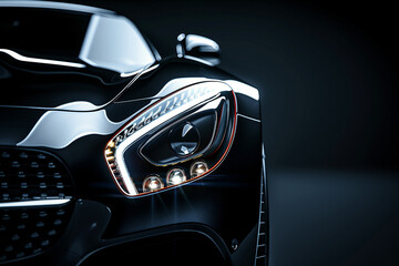 Fototapeta premium Shiny black sports car with headlight on dark background