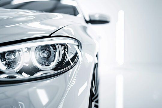 Shiny white sports car with headlight on white background
