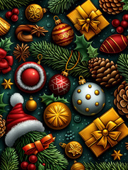 A Christmas themed image with a hat, a box, and a bunch of ornaments. The hat is red and white, and the box is yellow