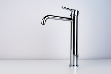 Chrome faucet on white surface with white background.