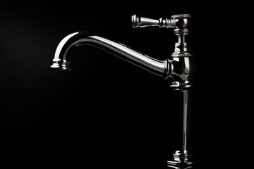 Faucet with black background and white handle.