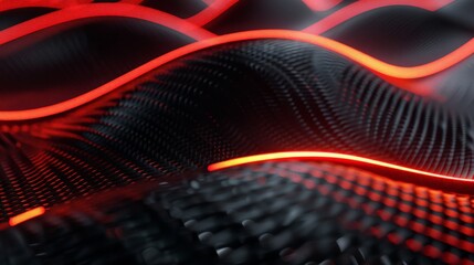 Black carbon fiber motion background. Technology wavy line with neon glowing light 3d illustration.