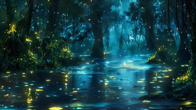 Underneath the surface of the bioluminescent bayou millions of tiny creatures light up the water with their glowing bodies creating a mesmerizing display.