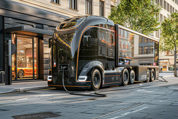 Obraz premium Modern electric truck charging at a urban station, people observing.