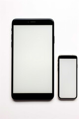 Black cell phone next to white cell phone on white surface.