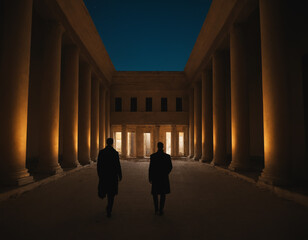 Two Men in Black Coats Walking in Grand Illuminated Courtyard at Night