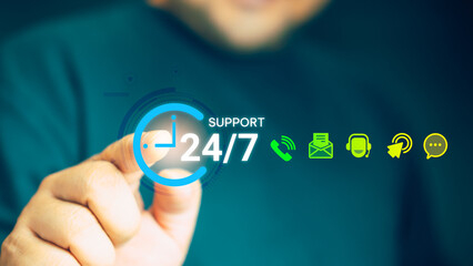 Man touch a worldwide nonstop support, help full-time available contact of business service concept. Customer service always assistance. 24-7 hour clock on hand nonstop client service concept
