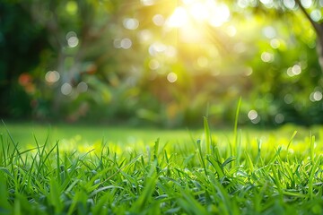 Close-up of lush green grass against a backdrop of a blue garden. Generative Ai