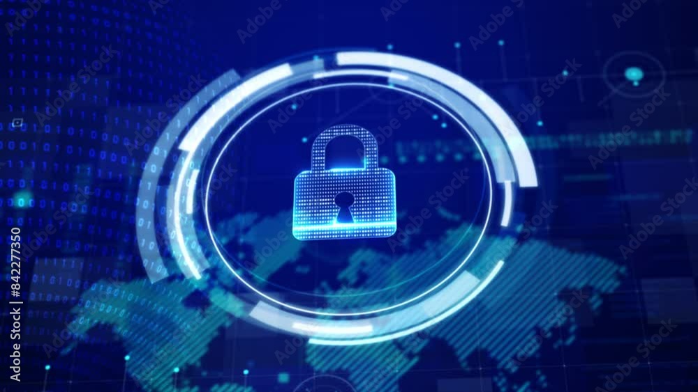Poster padlock with random digital binary 0 1 element technology and security concept