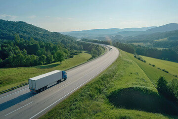 Fototapeta premium Electric semi-truck driving on a scenic highway, green landscape, blue sky, zero emissions.