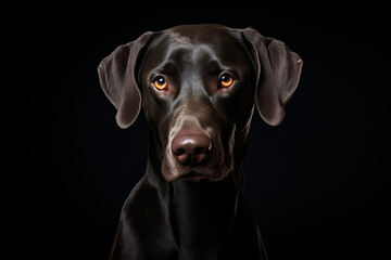 Black dog with yellow eyes looking at the camera with black background.