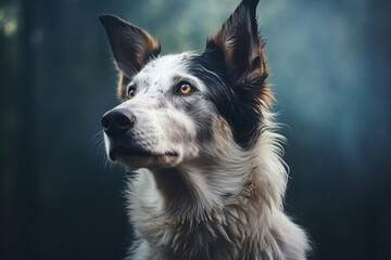 Close up of dog with blurry background and blue sky.