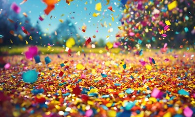 multi-coloured confetti falls, a lot of yellow confetti and other different bright colours on the table, the background is blue, blurred