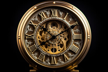 Fototapeta premium Gold clock with roman numerals and black background.