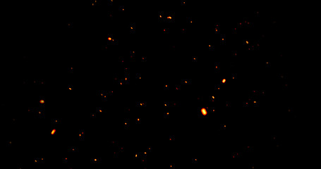 Realistic surreal ember fire dust slowing rising up on black bg. Grunge dark fire sparks flying isolated dark background. Overlay spark tiny flake burning. Hell rising burst inferno. Ember on black.