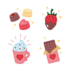 Hand drawn chocolate candies collection. Doodle sketch style. Set of various chocolate. Valentine day Vector illustration isolated on white. Chocolate bar icon, strawberry in chocolate.