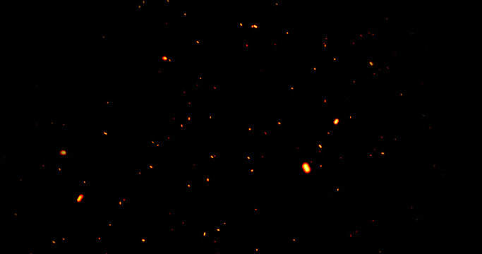 Realistic surreal ember fire dust slowing rising up on black bg. Grunge dark fire sparks flying isolated dark background. Overlay spark tiny flake burning. Hell rising burst inferno. Ember on black.