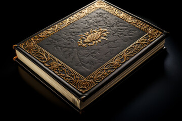 Book with gold design on it's cover and black background.