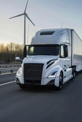 Naklejka premium Electric semi-truck on a highway, green landscape, wind generators and solar panels.