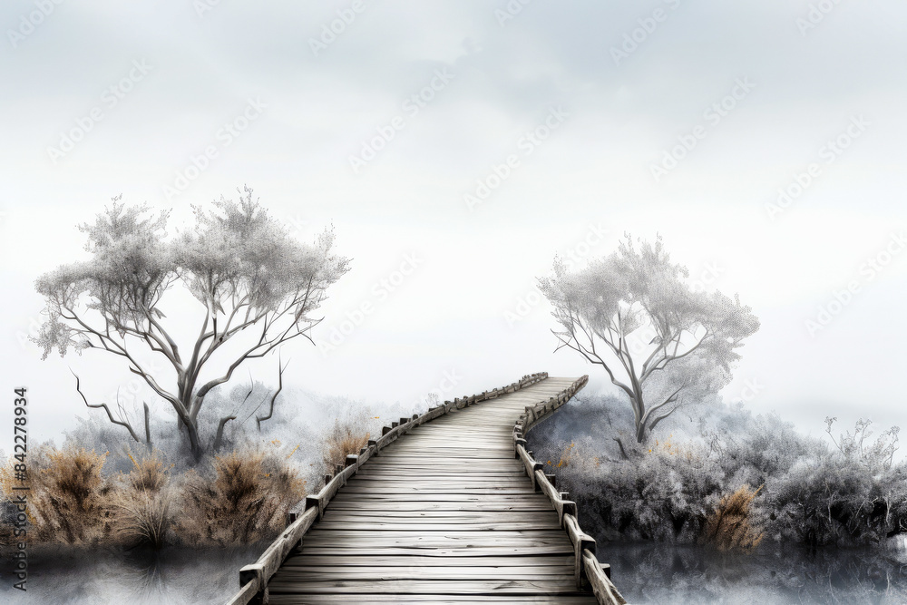 Wall mural Wooden walkway leading to forest with trees on both sides. - Wall murals