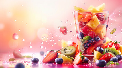 Fototapeta premium Advertising design, a vibrant fruit salad with a mix of strawberries, blueberries, kiwi, and pineapple, served with a glass of chilled fruit smoothie, high definition, light background, studio light, 