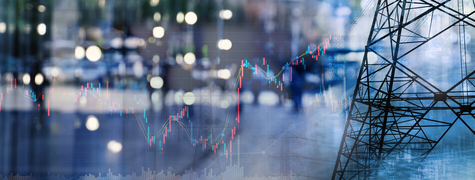 graph of stock market with city light with electricity pole for energy industrial business banner background