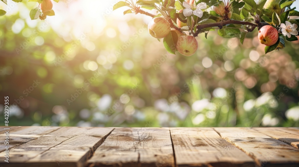 Wall mural spring background with a wooden table and a blurred green spring garden with a blossoming apple tree