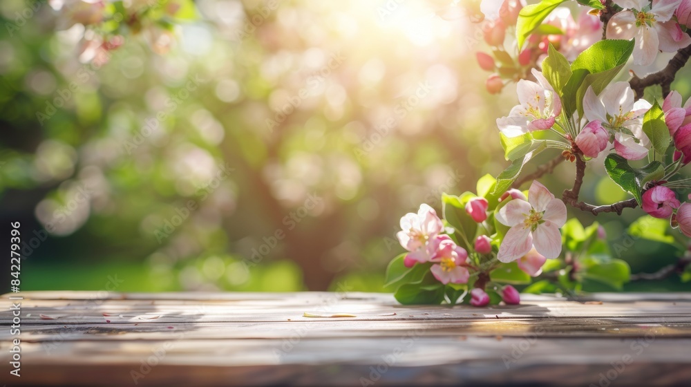 Wall mural spring background with a wooden table and a blurred green spring garden with a blossoming apple tree