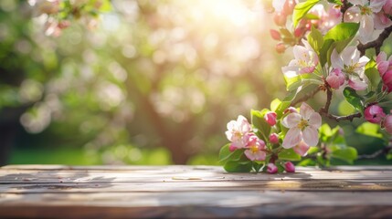 Spring background with a wooden table and a blurred green spring garden with a blossoming apple tree in the sunlight. Spring template for product display, 