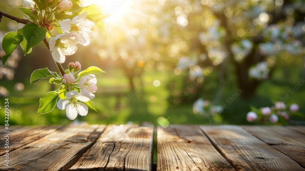 Wall mural spring background with a wooden table and a blurred green spring garden with a blossoming apple tree