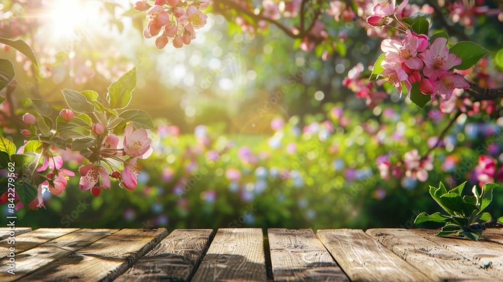 Wall mural spring background with a wooden table and a blurred green spring garden with a blossoming apple tree