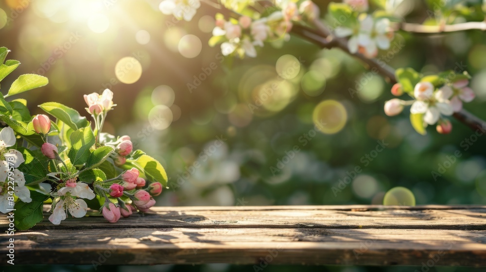 Wall mural spring background with a wooden table and a blurred green spring garden with a blossoming apple tree