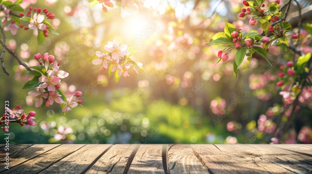 Wall mural spring background with a wooden table and a blurred green spring garden with a blossoming apple tree