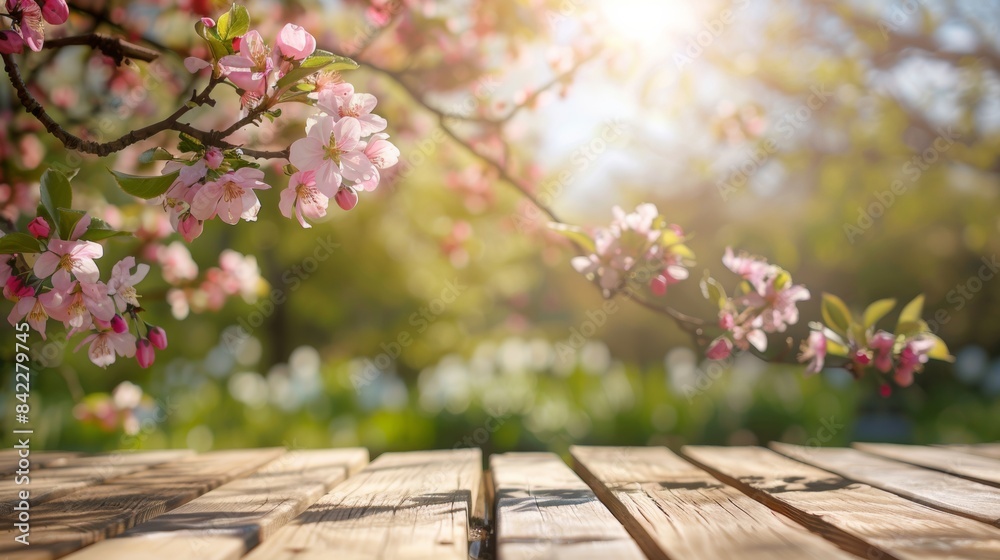 Wall mural spring background with a wooden table and a blurred green spring garden with a blossoming apple tree