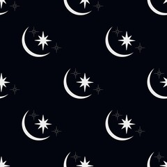 Seamless night sky pattern with white moon and stars on dark blue sky