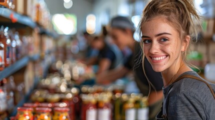 Volunteers smiling while packing boxes at organic farm