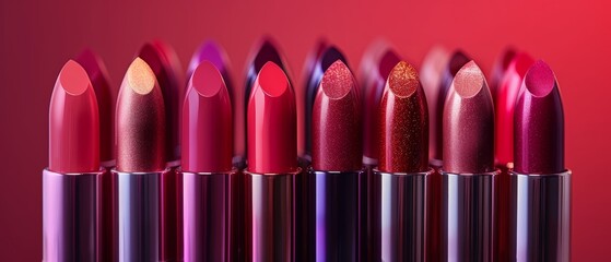Obraz premium Colorful lipstick with different glosses on a red background.