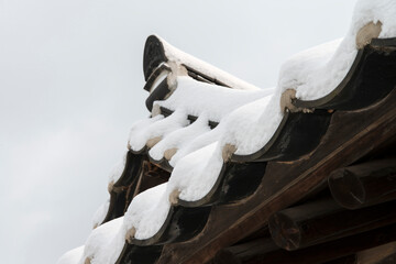 snow-covered roof in the traditional Korean house