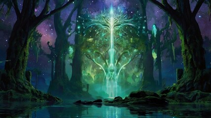 Obraz premium A mystical glowing tree illuminates an enchanted forest under a starlit sky, Made By AI 