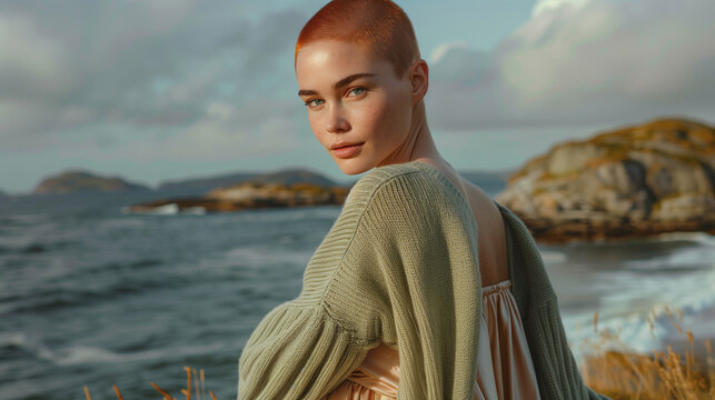 A split image of a light green knitted sweater with less bulky sleeves, worn by a person with a friendly, approachable face in a different pose.
