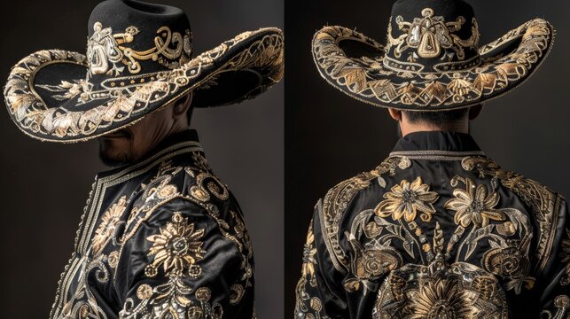Before and after shots of a Mexican charro outfit, highlighting the elaborate embroidery and sombrero.