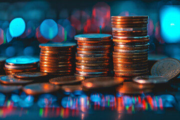 Stacked Coins and Market Indicators. Investment and Economic Trends