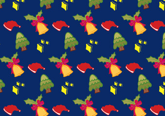 A pattern of Christmas tree and bell and Santa hat on bule background
