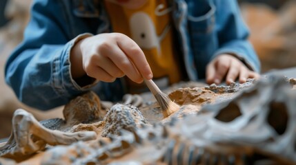 Close-up of a child examining fossils in a paleontology kit, using a brush to gently uncover replica dinosaur bones.