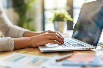 Focused on Business: Hands Typing on Laptop with Charts and Graphs.