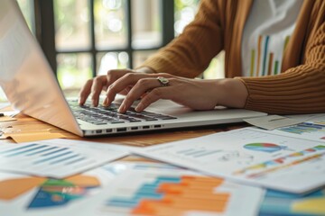 Focused on Business: Hands Typing on Laptop with Charts and Graphs.