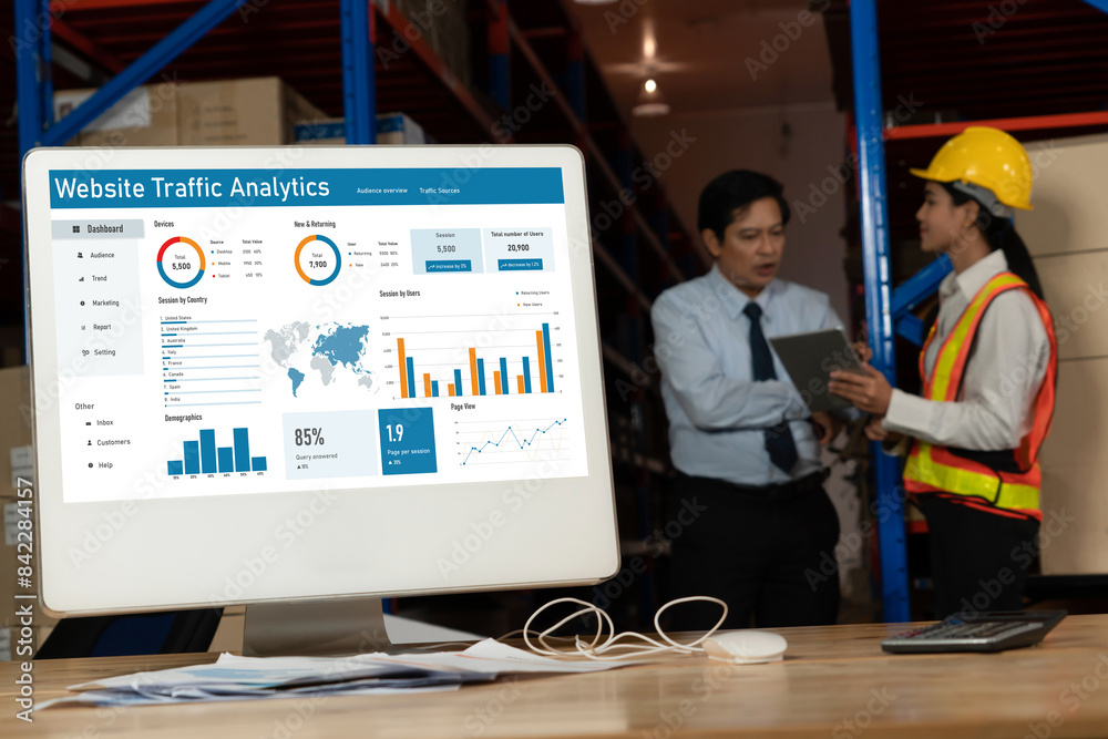 Poster computer software for website traffic analytics data on computer screen. concept of seo search engin
