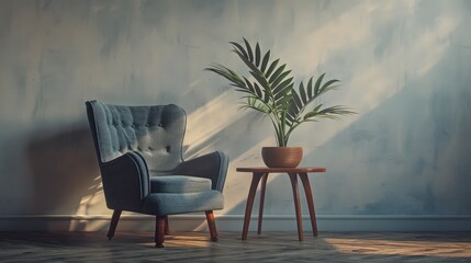 a chair and a table with a plant on it.